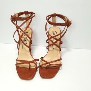 So Me, Brown Strappy, Square Toe Heeled Sandals, Crocodile Textured  Look Size 6
